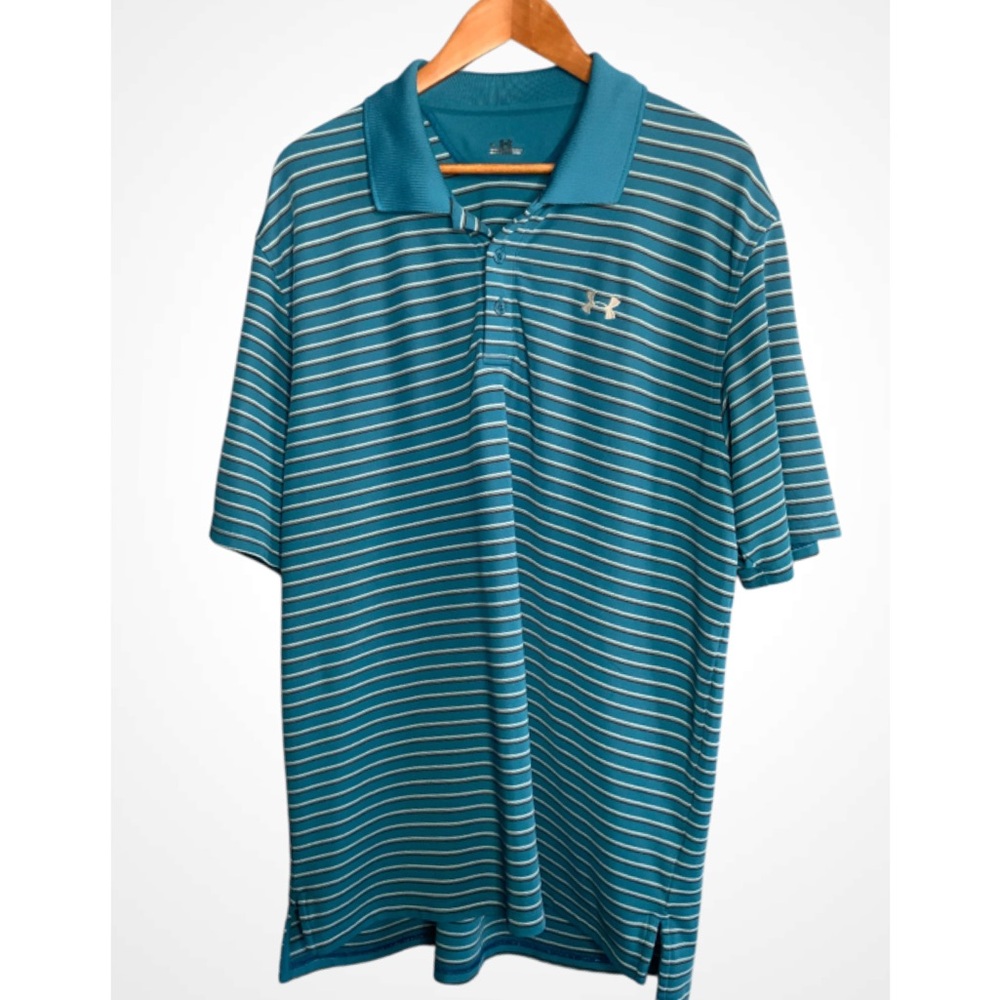 Under Armour Men's Teal Striped Short Sleeve Pullover Sporty Polo Large